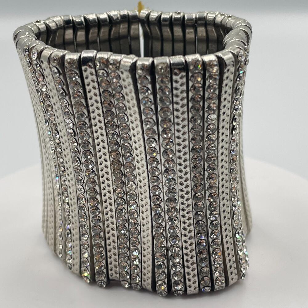 Vintage Y2K Silver Tone Wide Stretch Cuff Bracelet Rhinestone Bling Statement
